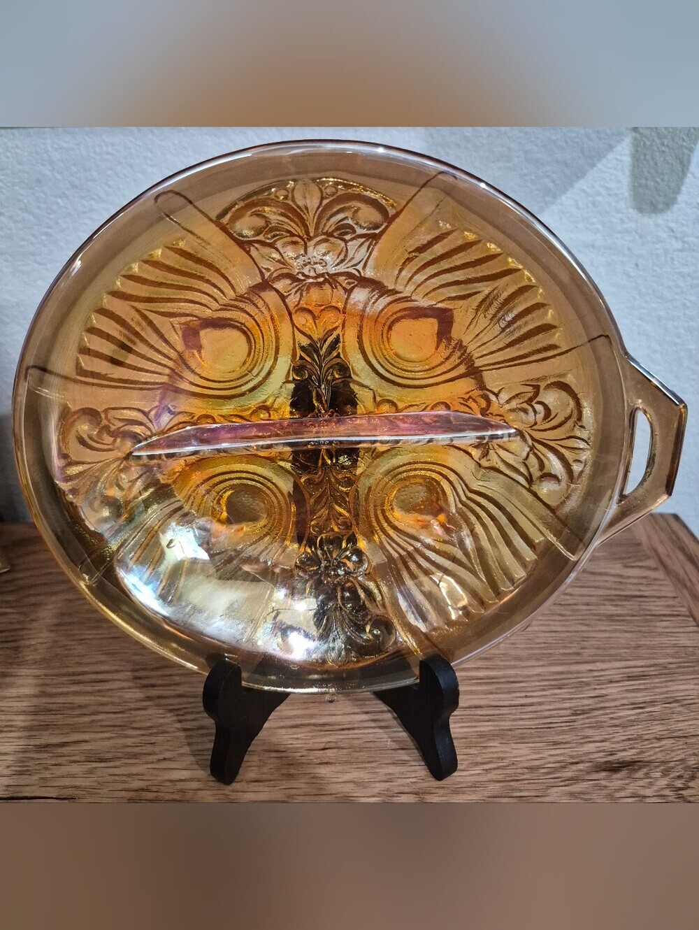 Vintage iridescent marigold/amber carnival glass divided relish and candy dish